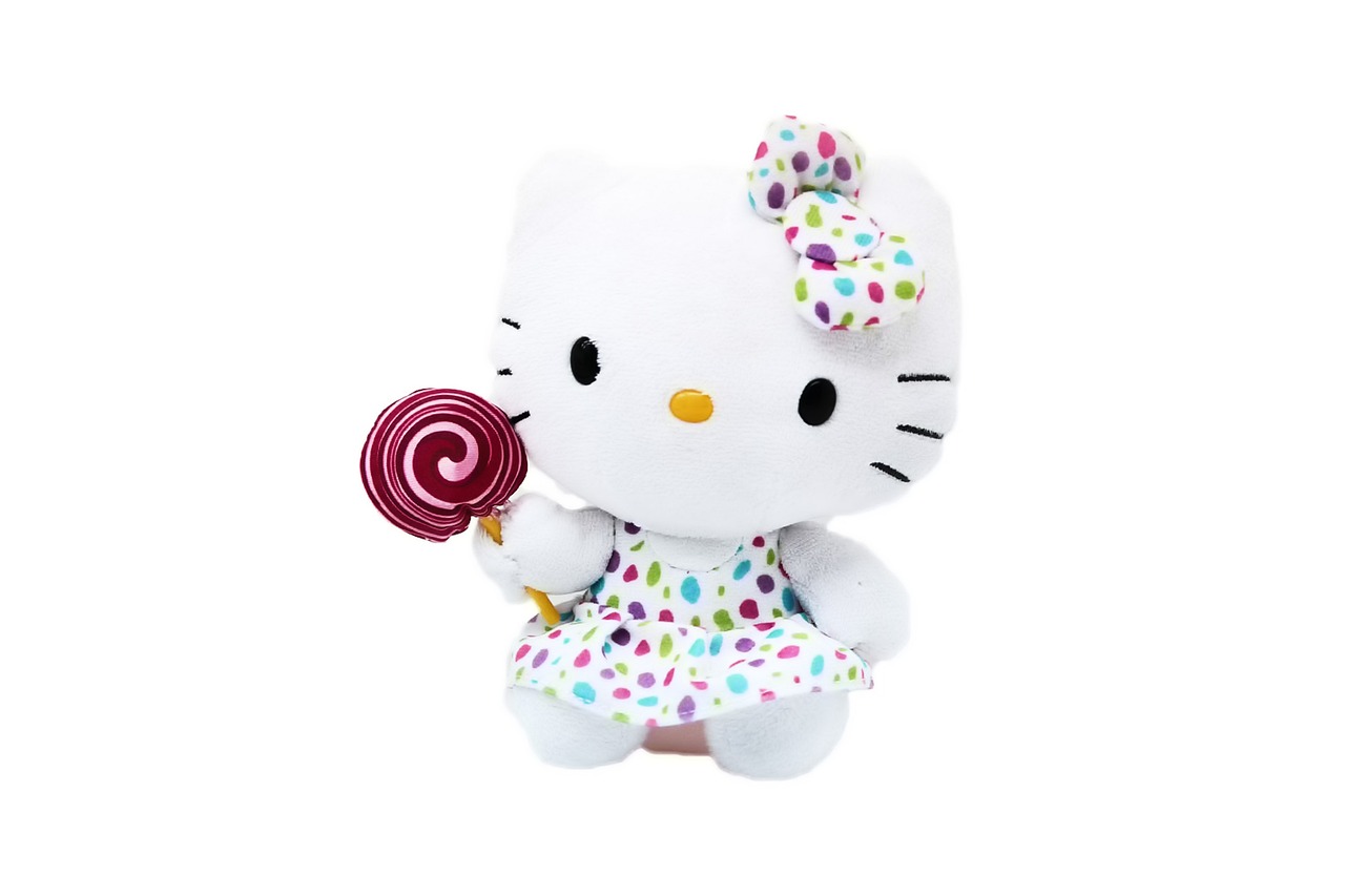 A picture of a Hello Kitty doll holding a lollipop